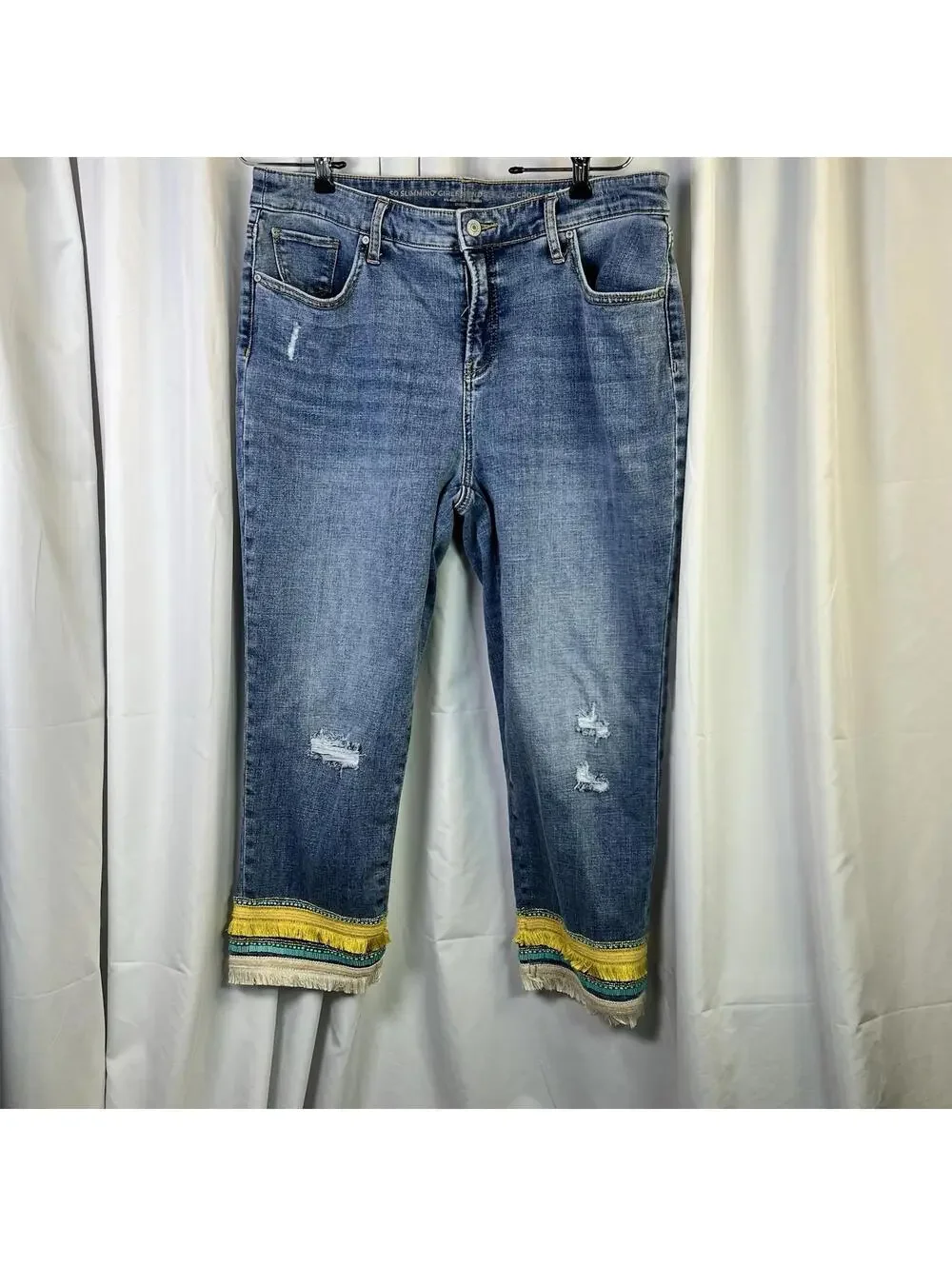 Chico's So Slimming Girlfriend Crop Jeans Sz 12 Fringe Striped Cuff Slim Leg